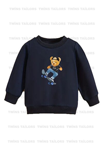 twins tailors Pachet de 3 hanorace unisex pentru copii - imprimeu cu urs din desene animate, decolteu, Saks albastru-marin-gri