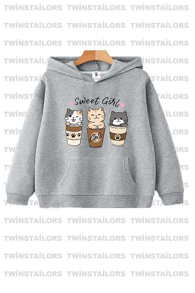 twins tailors Двоен пакет с котешки принт за сладко момиче - сиво-червен суитшърт с качулка за момичета