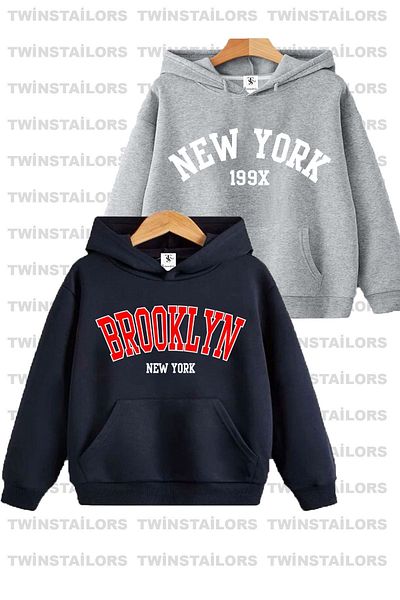 twins tailors Детски суичър с качулка с щампа New York-Brooklyn унисекс - сиво/тъмно синьо, с качулка, двойна опаковка