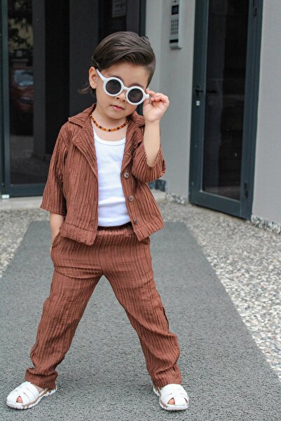 meqlife أولد مونيال 2024 بدلة للأولاد بأكمام على شكل حرف Y باللون البني