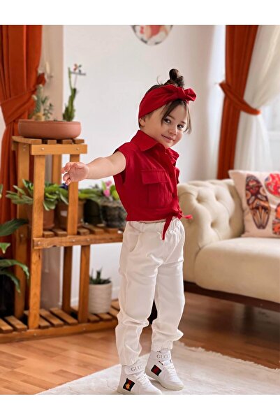 meqlife Bağlamalı Kız Çocuk Gömlek Krop Bandana Hediye Kırmızı