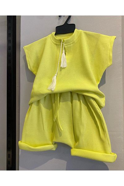 meqlife Unisex Waffle Fabric 2023 Summer Cotton Set Yellow