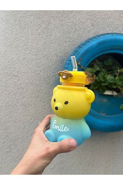 KaramelStore زجاجة مياه نموذجية من Smile Bear، زجاجة مياه سعة 800 مل، خالية من مادة BPA، زجاجة مياه للمدرسة للأطفال