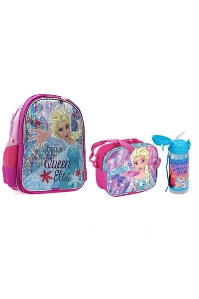 Frozen Elsa Licensed First School Bag + Lunch Box + Water Bottle (3-Piece School Set)