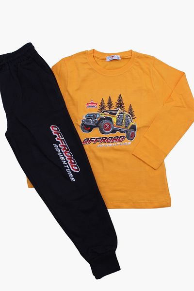 panios kids Offroad Printed Boys' Rubber Waist Detailed Bottom-Top Yellow Tracksuit Set
