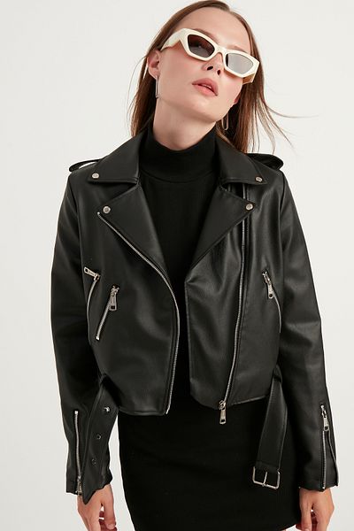 MEECY Schwarze Damen-Lederjacke mit Reißverschluss und detailliertem Reißverschluss