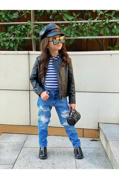 Burçak Butik Дънки за момичета / Черно кожено яке / Тениска Suprem 3-частен к...