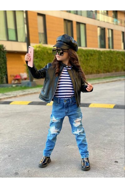 Burçak Butik Girl's Denim Pants / Black Leather Jacket / Suprem T-Shirt 3-Piece Combination - Holiday Wear