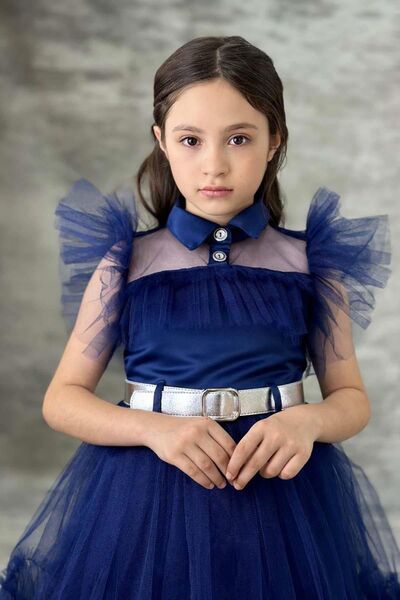 Riccotarz Navy Blue Tulle Detailed Girl's Yoğmus Dress - Shirt Collar Wednesday