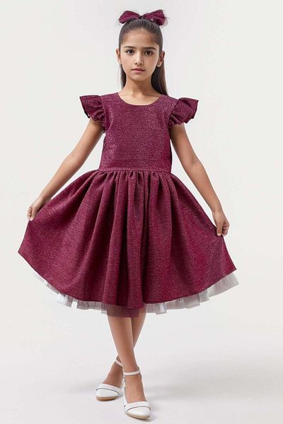 Riccotarz Μωβ Glittering Delica Girls Dress - Ruffle Off The Shoulder