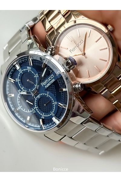 Ferrucci Lover, Couple, Steel Cord Rose Color Wristwatches Rosary Bracelet