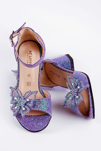 NS Little Pantofi de seara cu sclipici fluture pentru fete, pantofi cu toc pentru fete