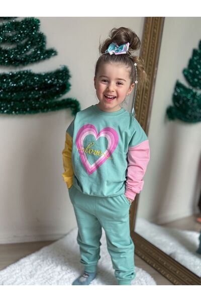 aysimakids GIRL'S PRINTED AND CHAIN EMBROIDERED -LOVE- DOUBLE SET