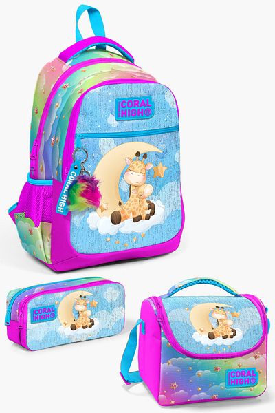 Coral High Set de geanți de școală pentru copii, 3 piese, cu model girafe albastre, roz - SET0123479