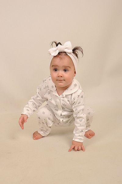 Peki 5-piece Baby Pajama Set - Cotton, Heart Crown Pattern, Front Fence Baby Collar 14474