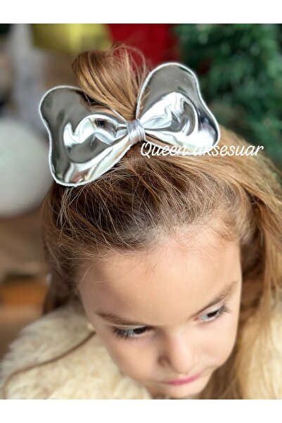 QUEEN AKSESUAR Metallic silver gray shiny mirrored large bow with collet buckle women's children's buckle special day party invitation