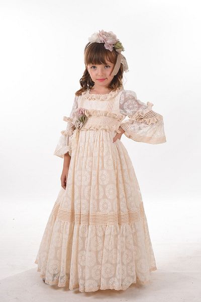 MIALORA EXCLUSİVE By Emel Ebru Özdemir Ecru, Lace Detailed Girl's Dress, Girl's Long Evening Dress, Children's Vintage Dress