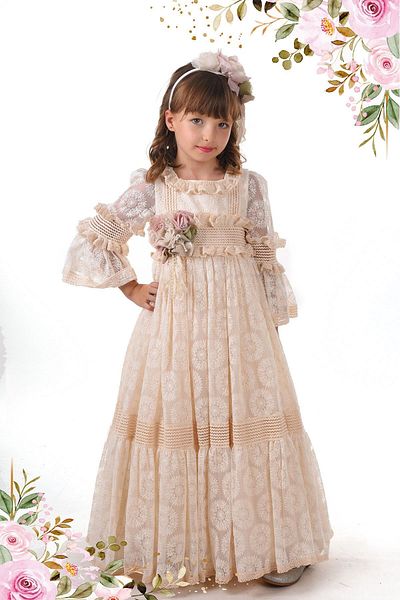 MIALORA EXCLUSİVE By Emel Ebru Özdemir Ecru, Lace Detailed Girl's Dress, Girl's Long Evening Dress, Children's Vintage Dress