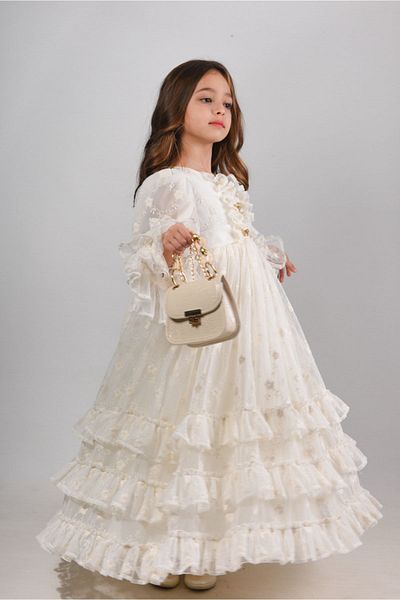 MIALORA EXCLUSİVE By Emel Ebru Özdemir Ecru, Special Design Girl's Evening Dress, Long Girl's Dress with Bag Accessory and Sleeve Detail
