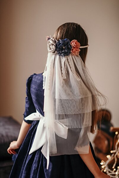 MIALORA EXCLUSIVE Özel Tasarım Kız Çocuk Elbise, Lacivert-beyaz, Duvaklı Pamuk Brode Ve Tül Detaylı Uzun Şık Elbise