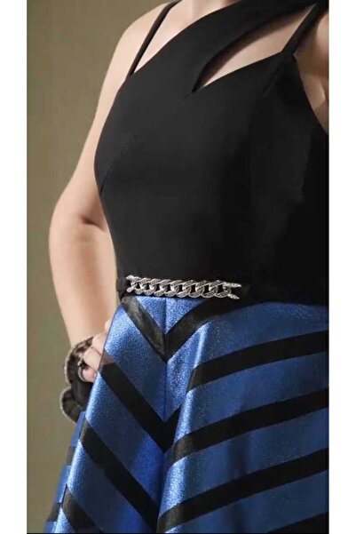 Erkut Kız Çocuk Mavi Siyah Renkli Uzun Abiye Elbise