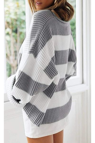 BertoNelly White Striped Selanik Knitted Knitwear Women's Blouse Sweater