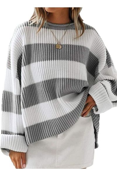 BertoNelly White Striped Selanik Knitted Knitwear Women's Blouse Sweater