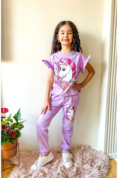 LİLLYPİCCA GIRL'S UNICORN PATTERNED RUFFLE SLEEVE POCKET COMBED COTTON TOP SET