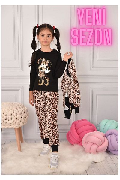 PICCALİLLY Minnie Leopard Patterned Zippered Cardigan - Black Sweatshirt - Pocket Tracksuit Bottom 3-Piece Set