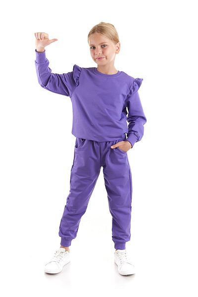 AHENGİM Cotton Sweatshirt and Sweatpants Set for Girl - Ruffle Detail Ak2515