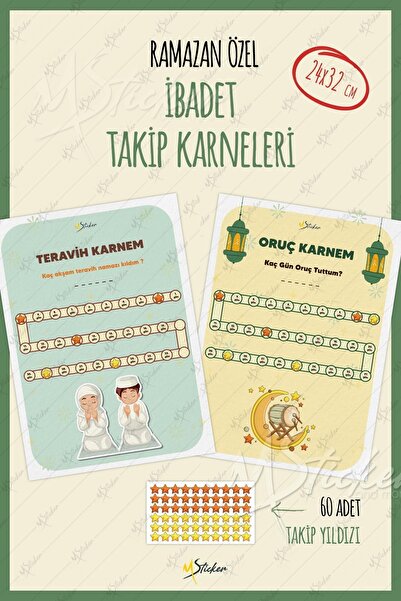 MSticker Ramazan-ı Şerif Oruç ve Teravih Karnesi İkili Set 60 Adet Takip Yıld...