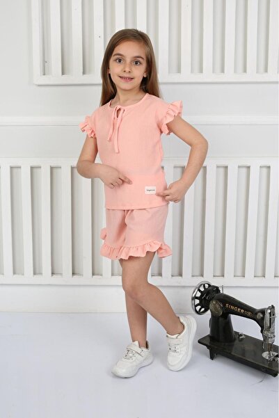 tunays shopping Costum de fată de vară cu volante detaliat cu pantaloni scurți