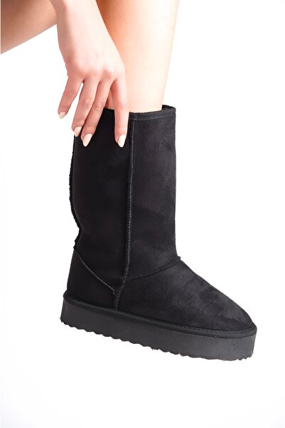 Moda Değirmeni Μαύρες σουέτ γυναικείες μπότες Wendy με επένδυση από γούνα BG1179-116-0001