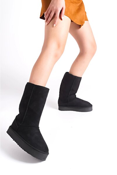 Moda Değirmeni Μαύρες σουέτ γυναικείες μπότες Wendy με επένδυση από γούνα BG1179-116-0001