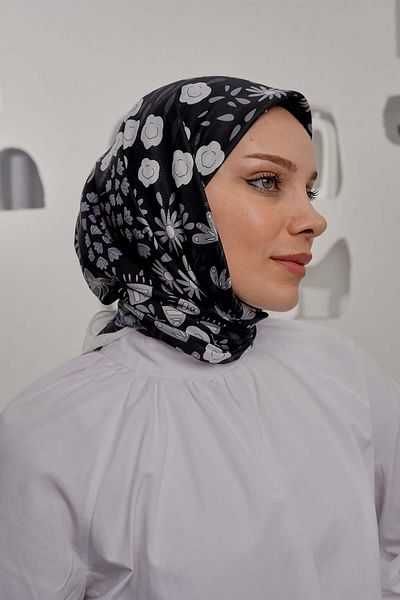 AFVENTE Black Floral Patterned Soft Cotton Scarf