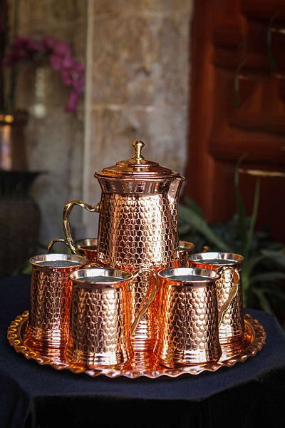 ANTEPSEPETİ Copper Stapled Glass, Jug and Tray Set
