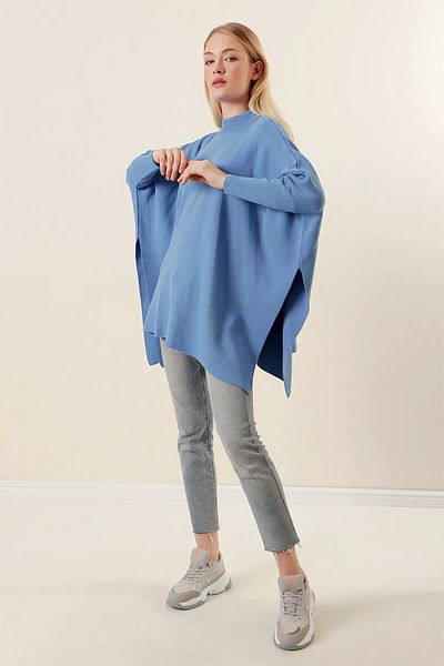 İKLİM LİFE Crew Neck Slit Poncho Tunic - Blue