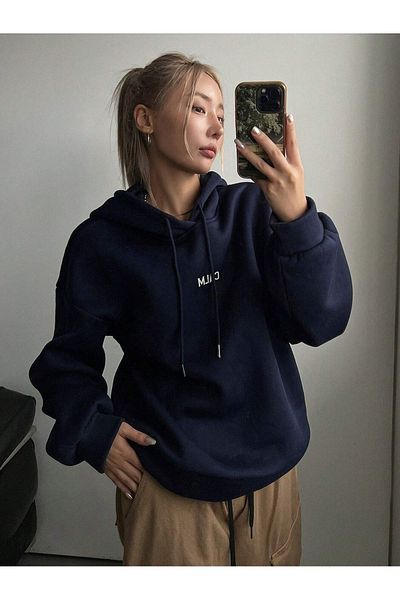 PALPİTO Navy Blue Calm Growth Printed Women's Hoodie - 3 Thread Hooded Sweatshirt