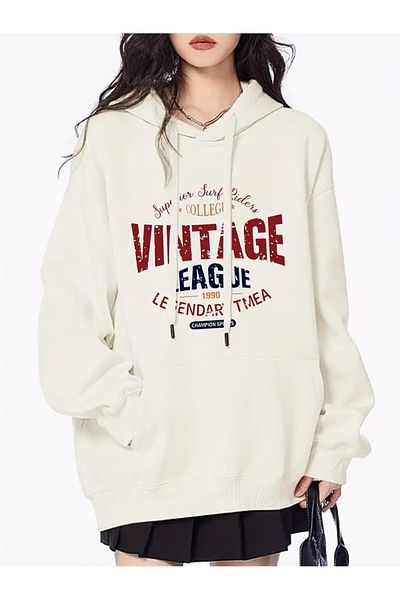 PALPİTO Women's White Vintage Printed 3 Thread Hooded Hoodie Sweatshirt