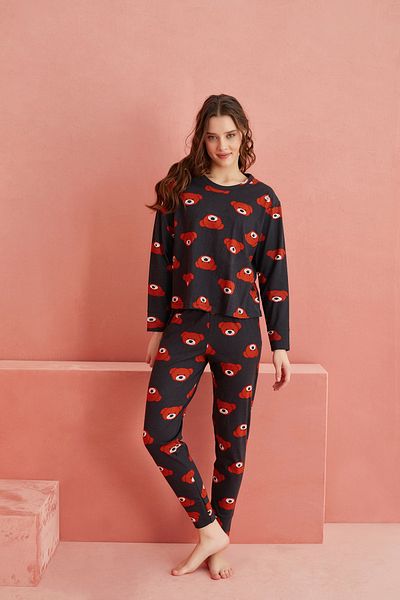 ELİTOL Bear Patterned Smoked Long Sleeve Knitted Pajama Set