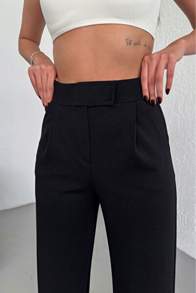 Butik Siyah Cırtlı Palazzo Yüksek Bel ayarlanabilir Bel Bol Paça Kadın Pantalon
