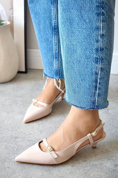 POLKA STORE Sole Pointed Toe Single Strap Buckle Beige Nude Nude Patent Leather Heeled Women's Shoes