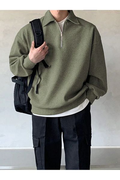 COMBİNE MİCHAİL Polo Neck Men's Sweatshirt - Half Zipper, Khaki