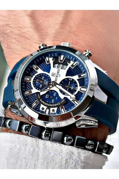 Reward Sports Style Navy Blue Silicone Men's Wristwatch - Functional