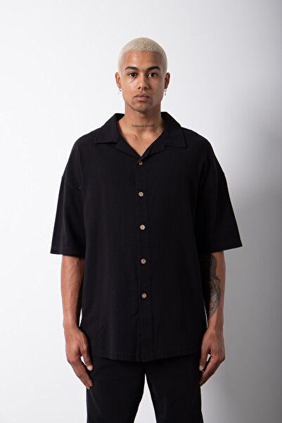 Machinist oversized Κοντομάνικο λινό πουκάμισο μαύρο