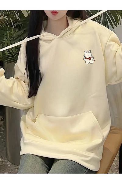 PALPİTO Beige Figure Plush Printed Women's Hoodie Sweatshirt - 3 Thread Hooded