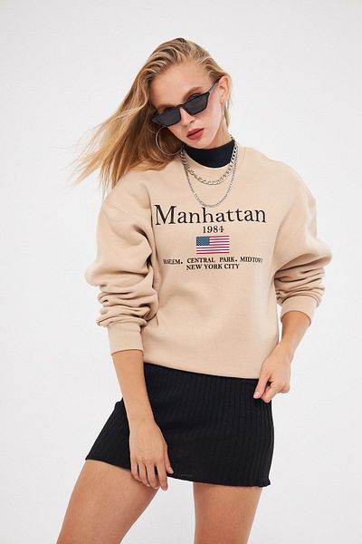 The Champ Clothing Polar Manhattan 1984 Text Printed - Μπεζ φούτερ oversize, Crew Neck