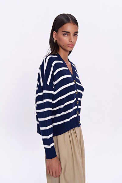 Quzu Gold Düğme Çizgili Triko Hırka Lacivert