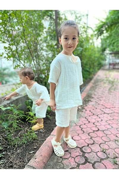 BAHNUR KREM BEBEK ÇOCUK KIZ ERKEK UNiSEX MÜSLiN ALT ÜST TAKIM YAZLIK BOHEM