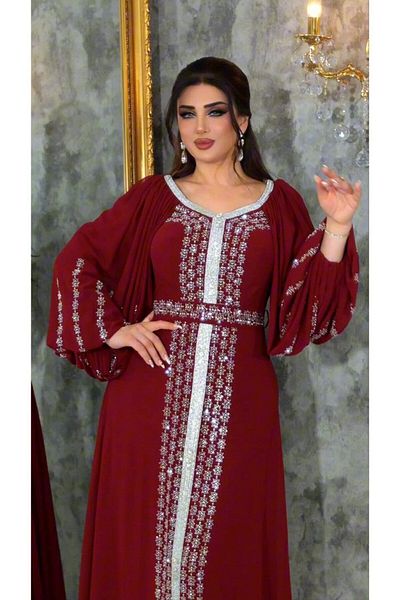 ZENABİYEM Zena Fashion Balloon Sleeve Bead Embroidered Belted Evening Dress